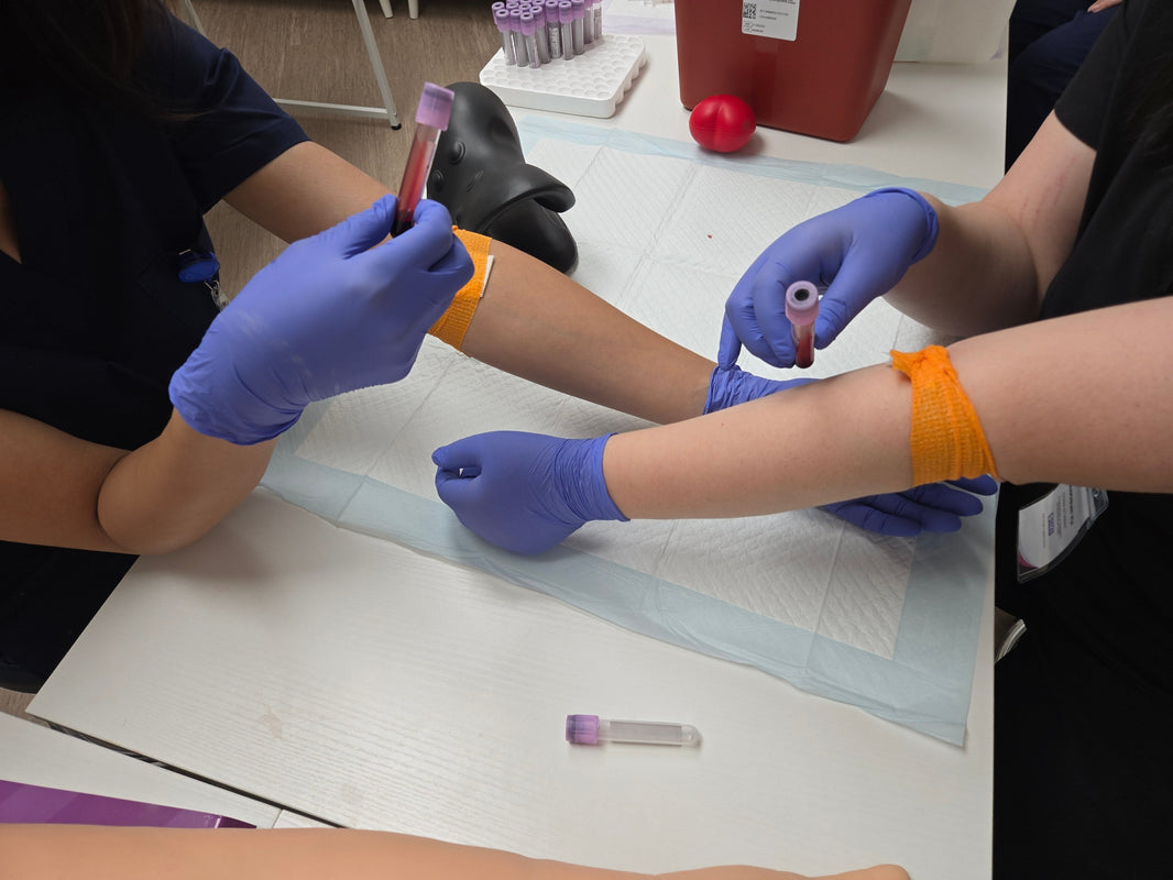 Medical assistant students practicing a blood draw on a training arm at DMS Care Training Center