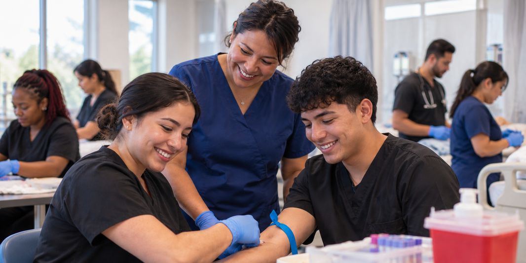 Diverse adult students practicing hands-on healthcare skills in a clinical training lab